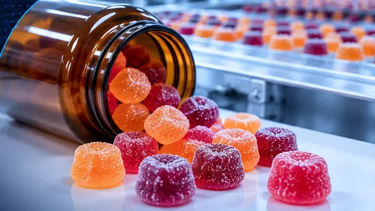 Fruit gummies spilling from an amber bottle