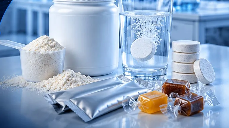Protein powder, effervescent tablets, sachets and energy candies