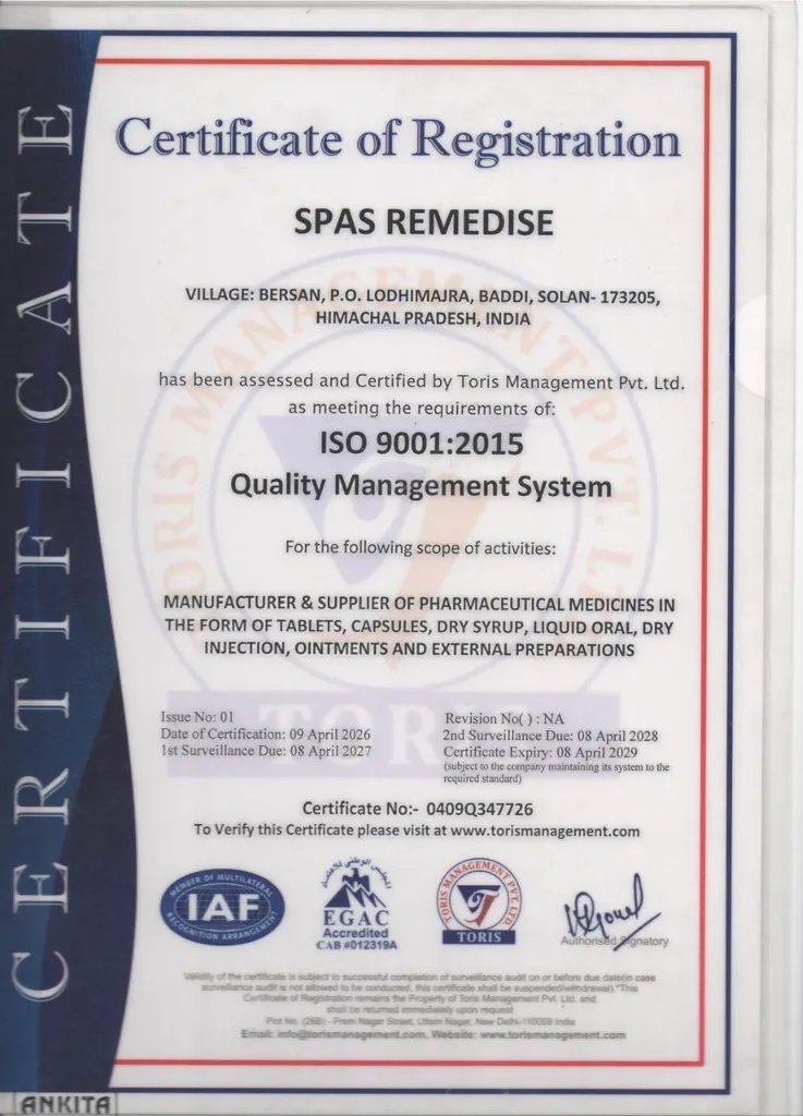 ISO 9001:2015 Certificate of Registration for Spas Remedise